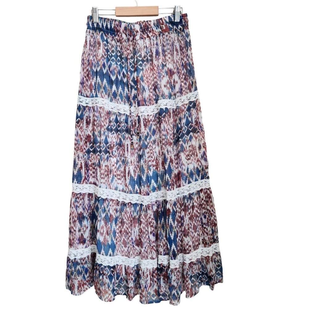 Boho Tiered Gypsy Maxi Skirt Size‎ M Lace Pull on Chiffon Lined Southwestern
